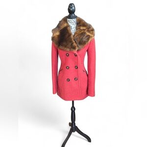 Laundry By Shelli Segal Faux Fur Collared Double Breasted Peacoat 8 Vermillion